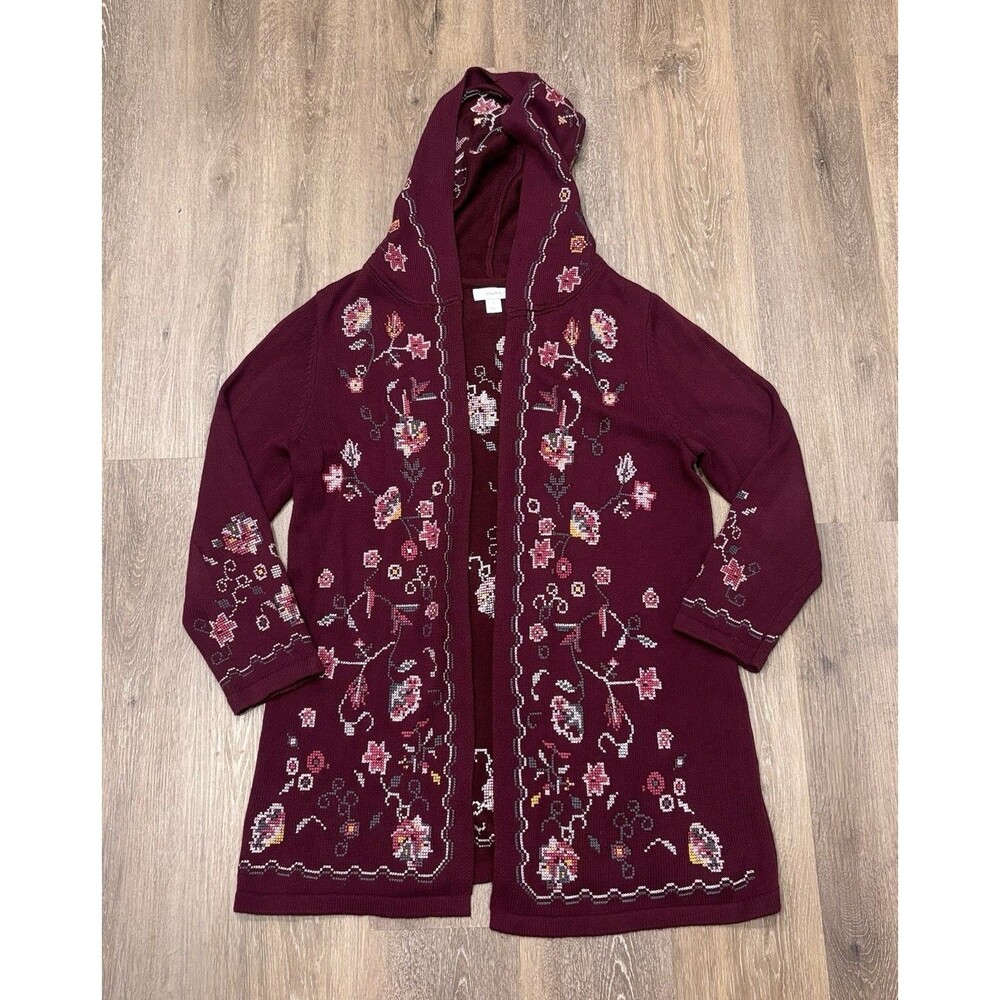 CJ Banks Cardigan Sweater Burgundy Cross Stitch Floral Hooded Duster Size X 0X